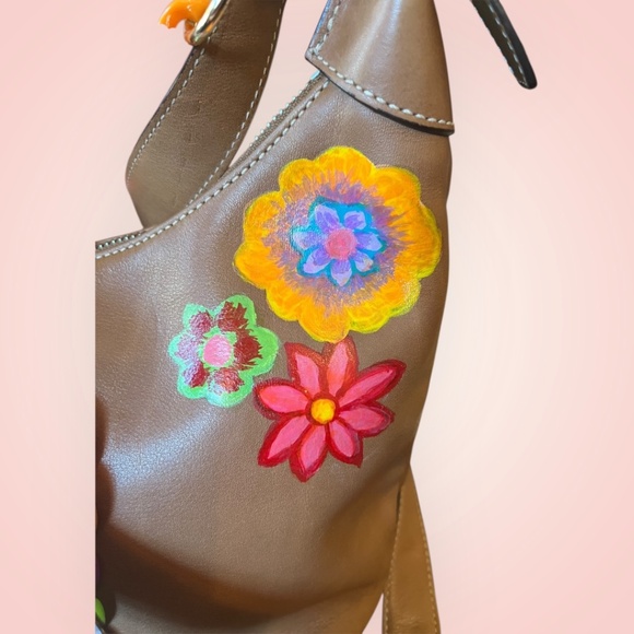 Coach C33-9566 Brown Leather Hobo Hand-Painted Upcycled Retro Floral Bag Art - Picture 3 of 13
